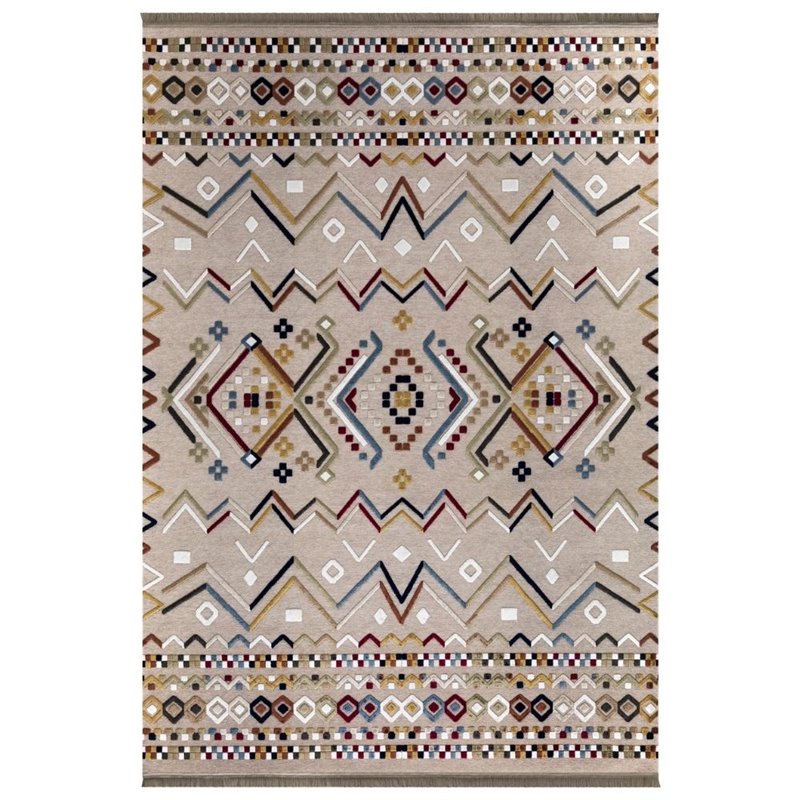 Alfombra antideslizante beige multicolor con decoraciones de colores 160x230